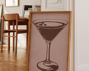Espresso Martini Print | Retro Linocut, Brown & Pink (Digital Download)