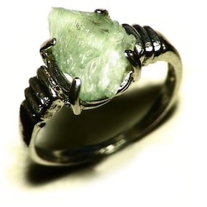 Green Hiddenite Ring Size 8.5, Brazilian Hiddenite Crystal Ring (3 ct) Raw Crystal Ring in Sterling Silver, Natural Hiddenite Green Crystal