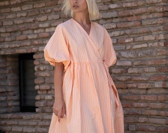 Organic Cotton Coral Wrap Midi Dress | Puffy Sleeve Dress | Ethically Made | Made To Order