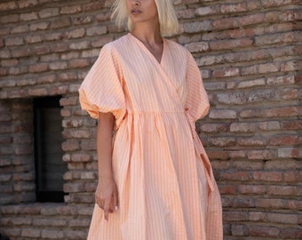 Robe midi cache-cœur corail en coton bio | Robe à manches bouffantes | Fabriqué de manière éthique | Fabriqué sur commande