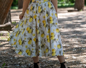 Organic Cotton Lemon Print Flare Skirt | Plus Sizes Available | Sustainable and Stylish