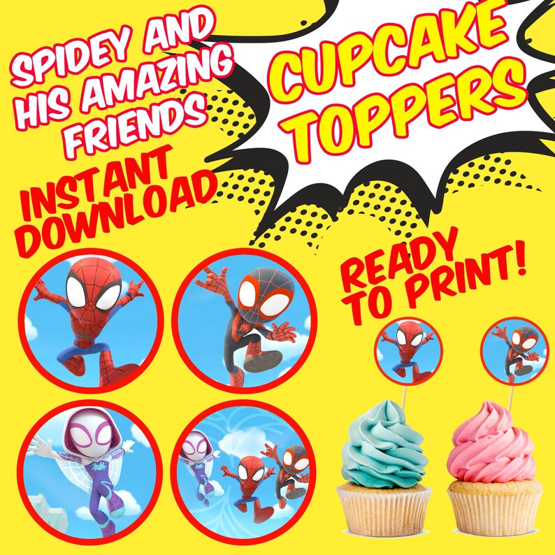 Puede incluir: Toppers para cupcakes imprimibles con Spider-Man y sus amigos. Los toppers son redondos y presentan diferentes personajes del universo Spider-Man. El texto "CUPCAKE TOPPERS" y "READY TO PRINT!" tambi&eacute;n est&aacute; incluido en la imagen.