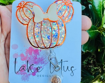 Sparkly Pumpkin Mouse Head with Bow on Swivel Clip Badge Reel - Handmade Acrylic and Glitter Epoxy Coated Cute Mouse for Fall Decor