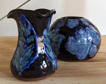 Vintage Blue Raku Pottery Set | Set of 2 Vases | Retro Kitchen Table Decor