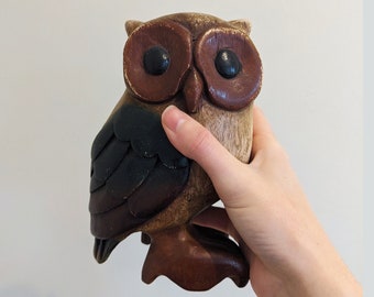 Vintage 1970s Owl Wood Carving Sculpture | Retro Kitchen Decor