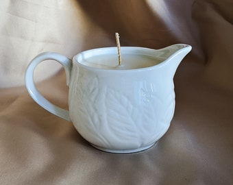 Vintage upcycled candle | Leaf pattern milk jug candle | Basil scented