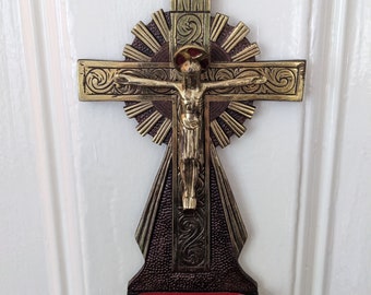 Vintage 1940s French Brass Crucifix | Wall Hanging Cross, Antique Christian Decor, Holy Trinity and Jesus Christ