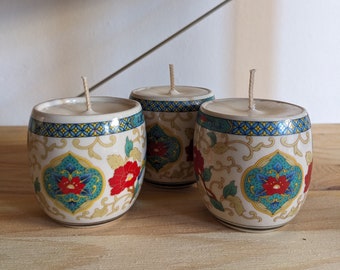 Vintage upcycled candle | Set of three Asian motif teacups | Ylang ylang scented