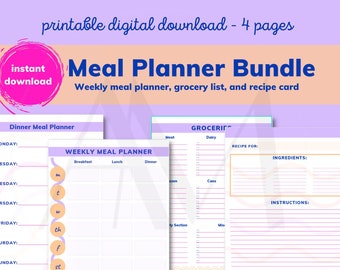 Meal planner printables, meal plan template, weekly meal planner, grocery list printable template, recipe cards