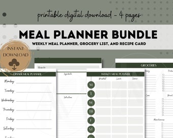 Meal planner printables, meal plan template, weekly meal planner, grocery list printable template, recipe cards