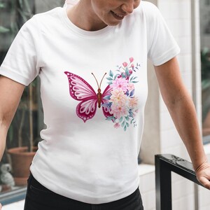 Lovely Watercolor Butterfly Adorned by Flowers T-Shirt - Gift for Her