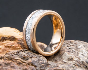Ring aus Wolfram Stahl in Kupfer Farbe mit einem Inlay aus Stahlgeflecht Herren Damen 8mm breit glänzend
