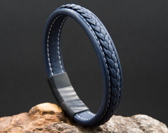 Echtleder Armband aus blauem Leder und schwarzem Edelstahlverschluß PRO00006172