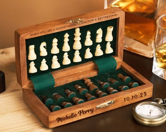 Personalized Handcrafted Wooden Chess Set,Travel-Friendly Magnetic Chess Sets, Custom Engraved Portable Chess Game,Solid Wood Foldable Board