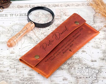 Personalized Magnifying Glass, Engraved Wooden Handle, Leather Case, Personalized Pastor Gifts