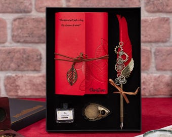 Pluma estilográfica con estuche de regalo, pluma estilográfica, pluma con tinta y soporte, juego de pluma, diario de cuero grabado, libro de invitados de boda, pluma con soporte.