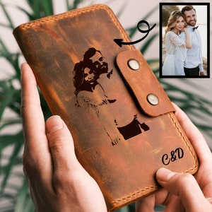 Cartera de cuero personalizada para hombre, billetera con foto grabada a mano, billetera plegable personalizada con foto, regalo para él, regalo de Año Nuevo