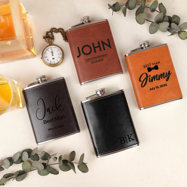 Groomsmen Gift, Personalized Leather Flask, Custom Engraved Hip Flask,Groomsman Flask, Wedding Gift for Him,Gifts for Wedding Party,Best Man