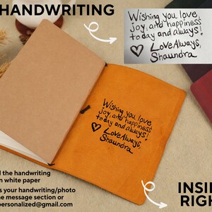 Peut inclure: Un journal reli&eacute; en cuir marron avec une page blanche ouverte r&eacute;v&eacute;lant un message manuscrit &agrave; l'int&eacute;rieur. Le message dit "Wishing you love, joy, and happiness today and always! Love Always, Shaundra".
