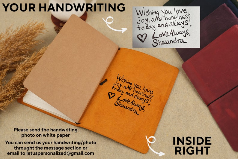 Peut inclure: Un journal reli&eacute; en cuir marron avec une page blanche ouverte r&eacute;v&eacute;lant un message manuscrit &agrave; l'int&eacute;rieur. Le message dit "Wishing you love, joy, and happiness today and always! Love Always, Shaundra".