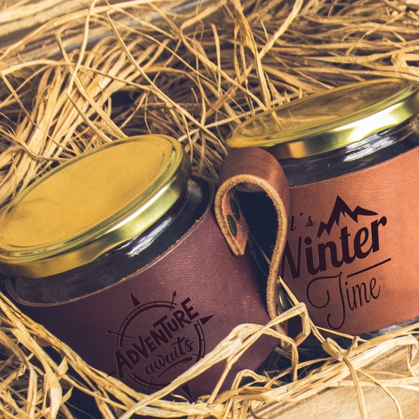 Caneca de couro personalizada, capa de couro personalizada para pote de vidro com alça, caneca de acampamento, caneca de viagem, caneca para atividades ao ar livre, presentes para viajantes, presente para o dia dos pais