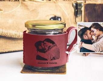 Personalized Leather Jar Mug, Custom Picture Jar Sleeve, Leather Mug Wrap, Engraved Photo Gift, Mother's Day Gift, Travel Mug,Mason Jar Mug