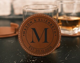 Personalized Coasters, Leather Coasters With Holder, Coasters Set of 4,Housewarming Gift, Round Custom Leather Coasters,Engraved Coaster Set