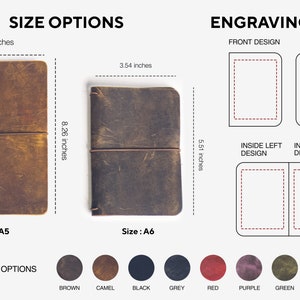 Peut inclure: Deux carnets reli&eacute;s en cuir de couleur marron et brun fonc&eacute;, avec le texte "Taille : A5" et "Taille : A6" en dessous de chacun. Les carnets mesurent 5,11 pouces par 8,26 pouces et 3,54 pouces par 5,51 pouces. L'image montre &eacute;galement un sch&eacute;ma de la zone de gravure sur les carnets, avec le texte "Conception avant", "Conception arri&egrave;re", "Conception int&eacute;rieure gauche" et "Conception int&eacute;rieure droite". En dessous des carnets se trouvent des &eacute;chantillons de couleurs pour les carnets, avec le texte "Marron", "Camel", "Noir", "Gris", "Rouge", "Violet", "Vert" et "Bleu fonc&eacute;".
