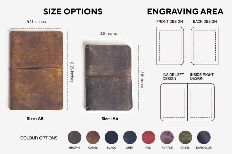 Peut inclure: Deux carnets reli&eacute;s en cuir de couleur marron et brun fonc&eacute;, avec le texte "Taille : A5" et "Taille : A6" en dessous de chacun. Les carnets mesurent 5,11 pouces par 8,26 pouces et 3,54 pouces par 5,51 pouces. L'image montre &eacute;galement un sch&eacute;ma de la zone de gravure sur les carnets, avec le texte "Conception avant", "Conception arri&egrave;re", "Conception int&eacute;rieure gauche" et "Conception int&eacute;rieure droite". En dessous des carnets se trouvent des &eacute;chantillons de couleurs pour les carnets, avec le texte "Marron", "Camel", "Noir", "Gris", "Rouge", "Violet", "Vert" et "Bleu fonc&eacute;".