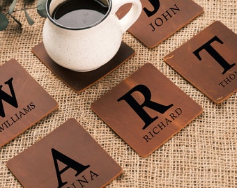 Juego de 6 posavasos de cuero personalizados, posavasos grabados