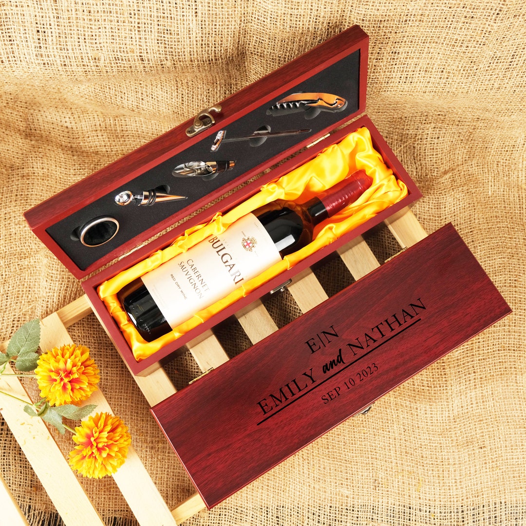 Wooden Wine Box, Engraved Wine Box With Accessories, Wedding Gift for
