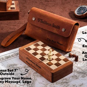 Juego de ajedrez de madera personalizado y artesanal con estuche de cuero, juego de ajedrez magnético ideal para viajes, juego de ajedrez portátil, tablero plegable de madera maciza.