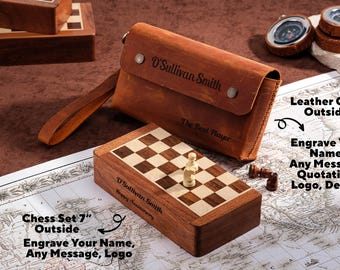 Personalized Handmade Wood Chess Set with Leather Case,Travel-Friendly Magnetic Chess Sets,Portable Chess Game, Chess Set Case