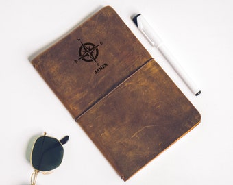Personalized Leather Journal, Engraved Sketchbook, Rustic Travel Diary
