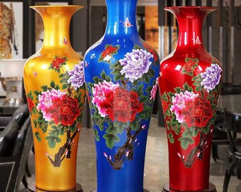 2 Modern Elegant Flower Vases Crystal Glazed Fishtail Type Hand Painted Peony Porcelain Large Floor Standing Vases for Collection and Gift