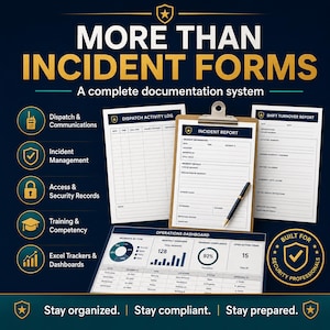 Op de afbeelding: Een documentatiesysteem met een klembord voor incidentrapporten inclusief pen, een verzendactiviteitenlogboek, een ploegendienstoverdrachtsrapport en een operationeel dashboard. Tekst bevat MORE THAN INCIDENT FORMS en A complete documentation system.