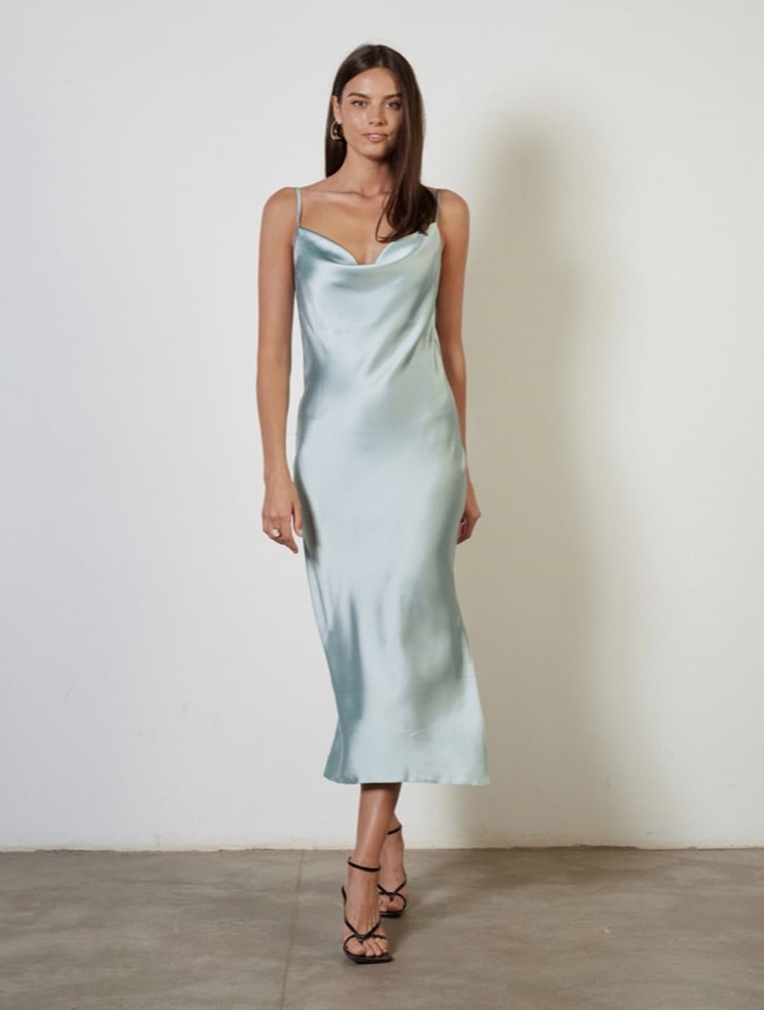 Sage Green Silk Satin Cowl Neck Midi Dress Summer Party Etsy