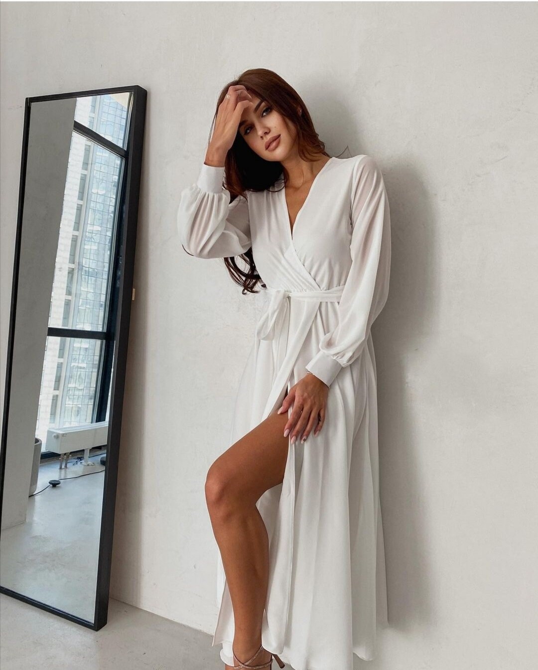 white chiffon wrap dress