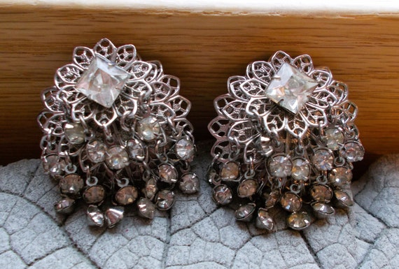 Vintage Costume Earrings, Rhinestone Clip On Earr… - image 1