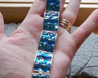 Vintage Costume Jewelry, Vintage Link Bracelet, Linked Vintage Bracelet, Vintage Rhinestones, 7" Vintage Bracelet, Silver Tone, Blue Cabs