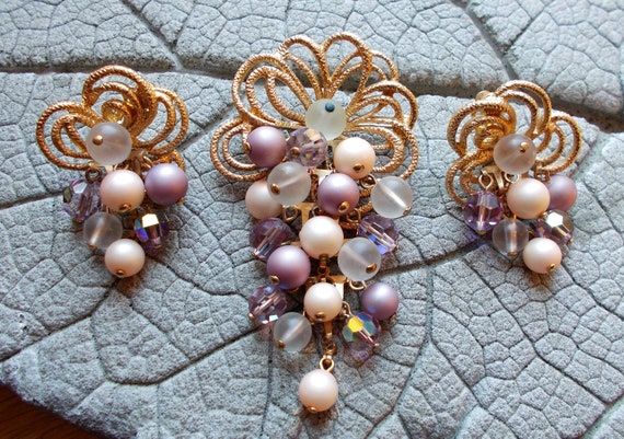 Vintage Cascading Cluster Brooch Earrings, Vintag… - image 1