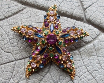 Vintage FLORENZA Starfish Brooch, Rhinestone Brooch, Vintage Costume Jewelry, Signed Costume Jewelry, Florenza Signed Brooch, Starfish Rare