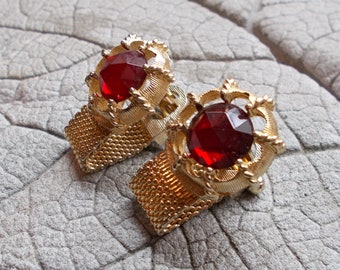 Vintage Cuff Links, Swank Cufflinks, Vintage Men's Accessories, Gift for Him, Gold Tone Cuff Links, Red Rhinestone Cuff Links, Signed Swank