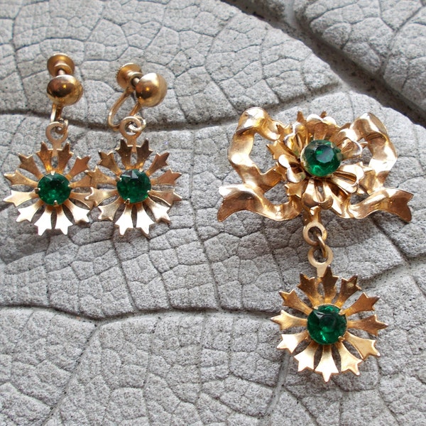 Vintage Green Rhinestone Brooch Earrings, Vintage Costume Jewelry, Costume Jewelry, Rhinestone Brooch Set, 50s 60s Jewelry, Green Earrings