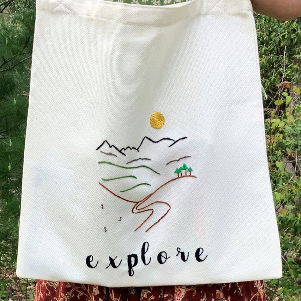 Mountain Hiking Tote Bag, Mountain Embroidery, Birthday Gift Idea, Mothers Day Gift