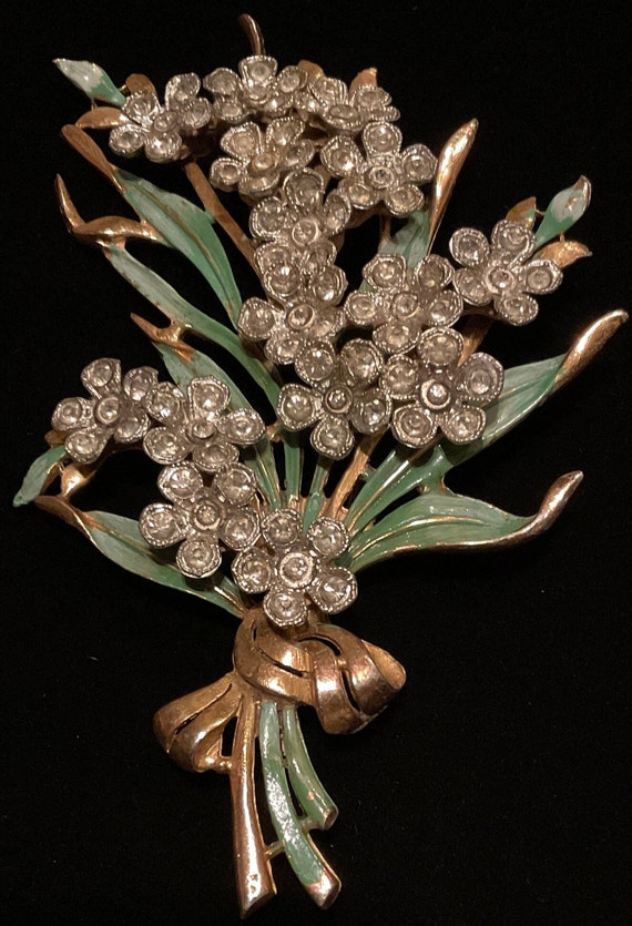 Art Deco Floral Enamel Rhinestone Brooch, Coro Era