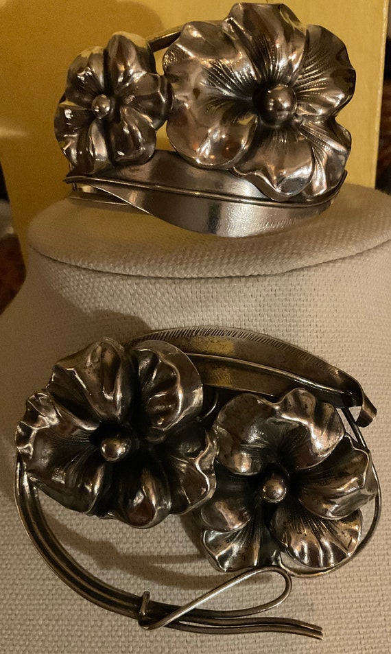 Vintage 40’s Sterling Flower Bracelet and Brooch … - image 3