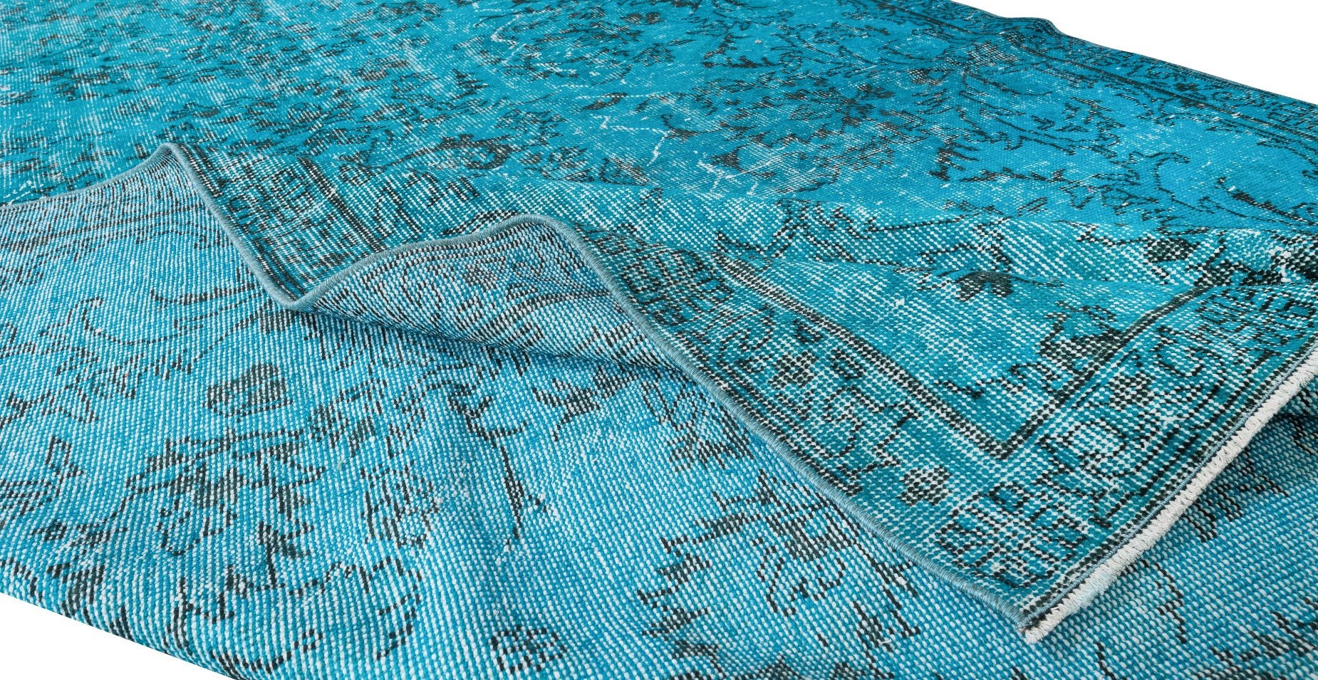 Handmade Vintage Turkish Wool Area Rug Over-dyed in Teal for Modern ...