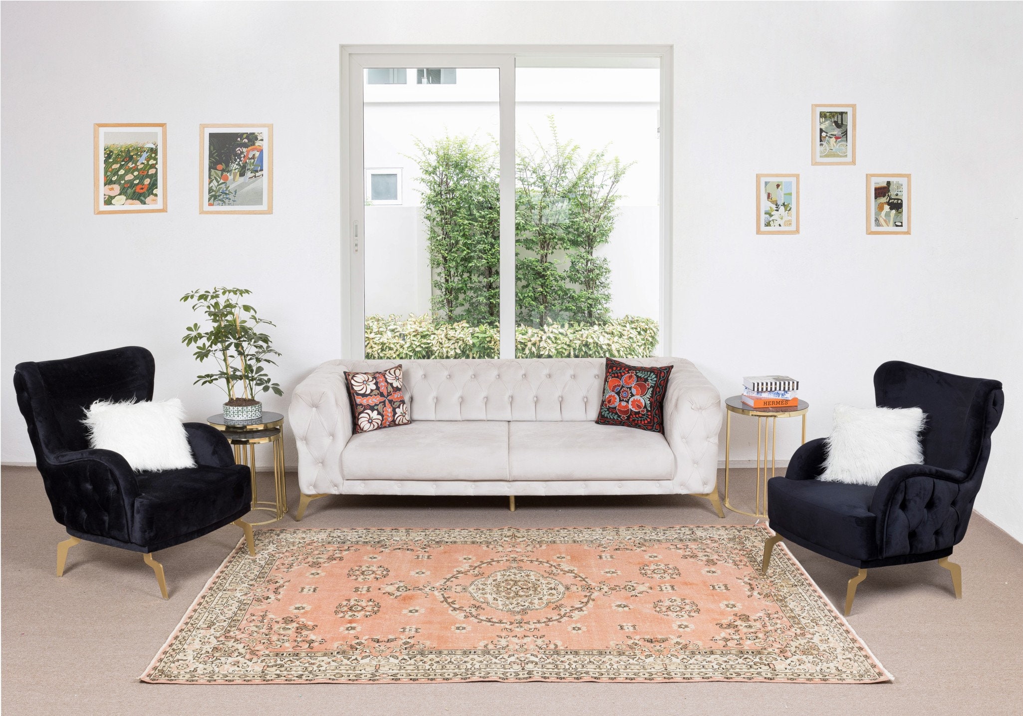 手織りメダリオンデザイン ヴィンテージトルコラグ（レッド＆ベージュ