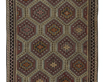 5.5x10.3 Ft Vintage Turkish Jajim Kilim. One of a Kind Handmade Rug Made of Wool. BTEK0854